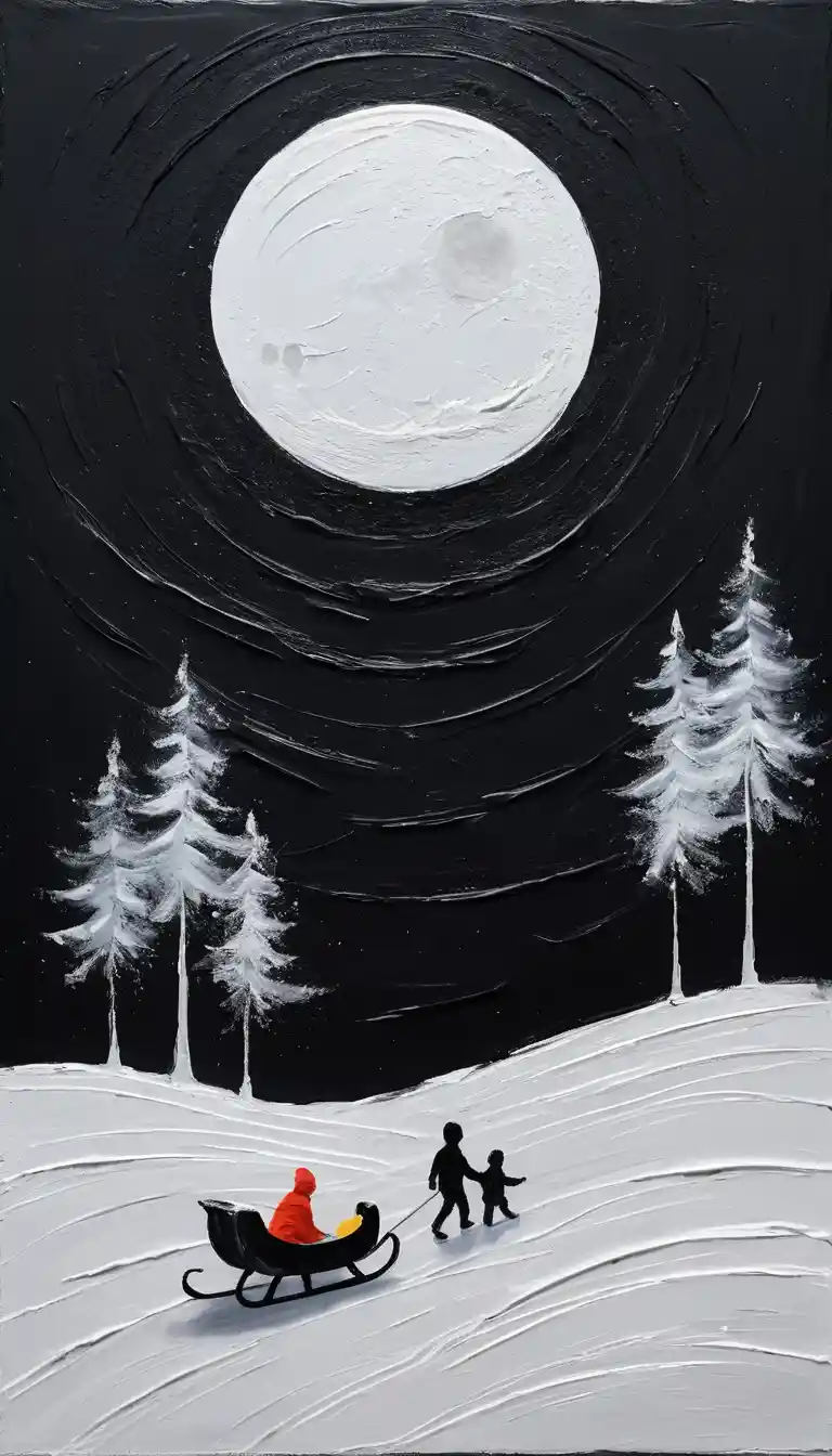Una piccola luna, una slitta e dei bambini sotto un bagliore su uno sfondo nero materico