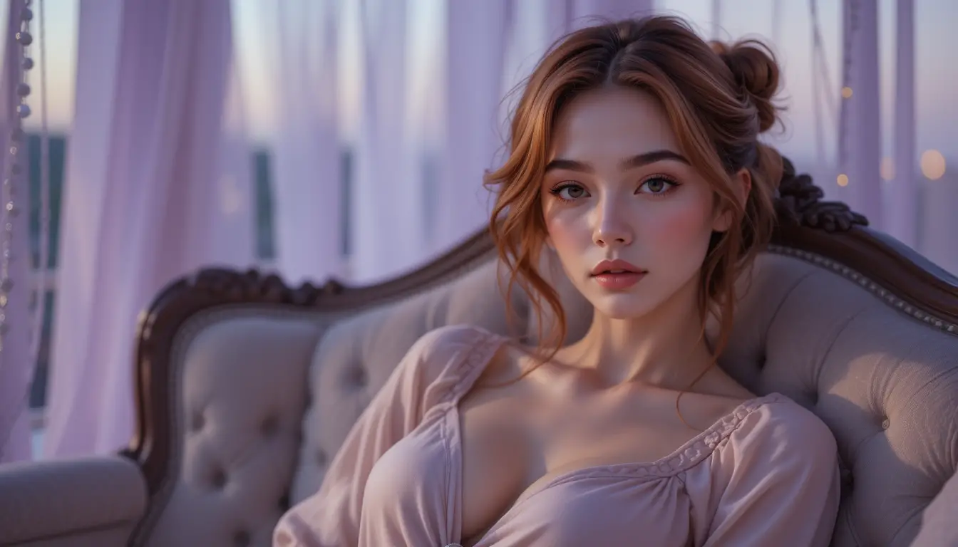 An auburn-haired woman lounges on a loveseat in soft dusk light