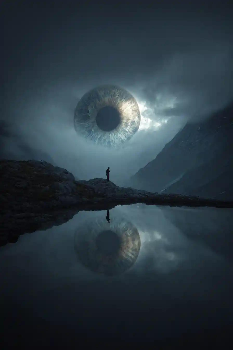 A solitary figure stands above a mountain lake shaped like an ancient eye