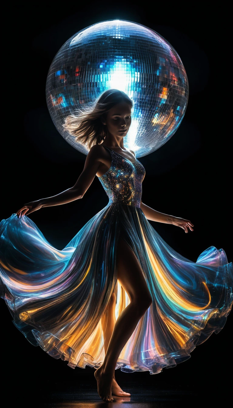 Una mujer bailando con un vestido brillante y una bola de discoteca por cabeza