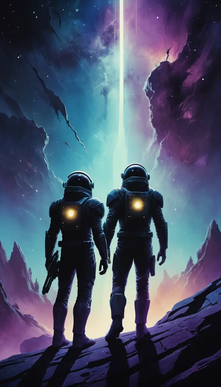 Two cosmic adventurers appear in silhouette before a glowing nebula crack