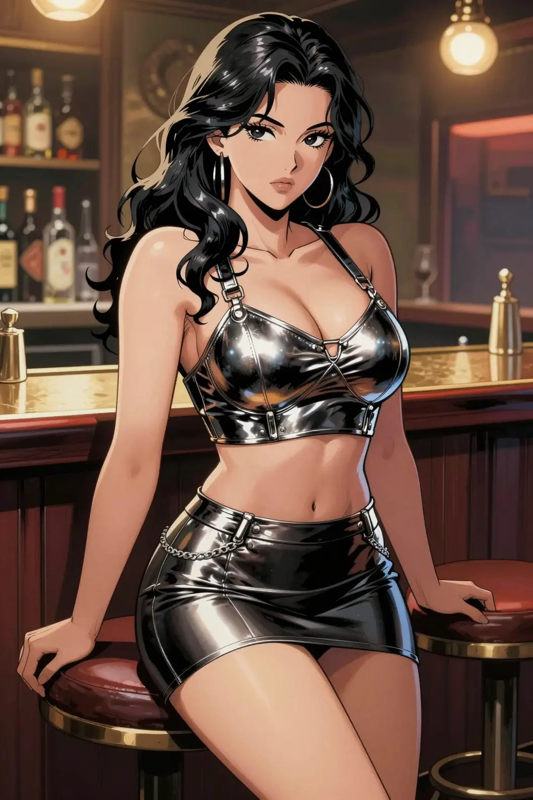 Anime woman with wavy metal hair and an intricate metallic outfit
