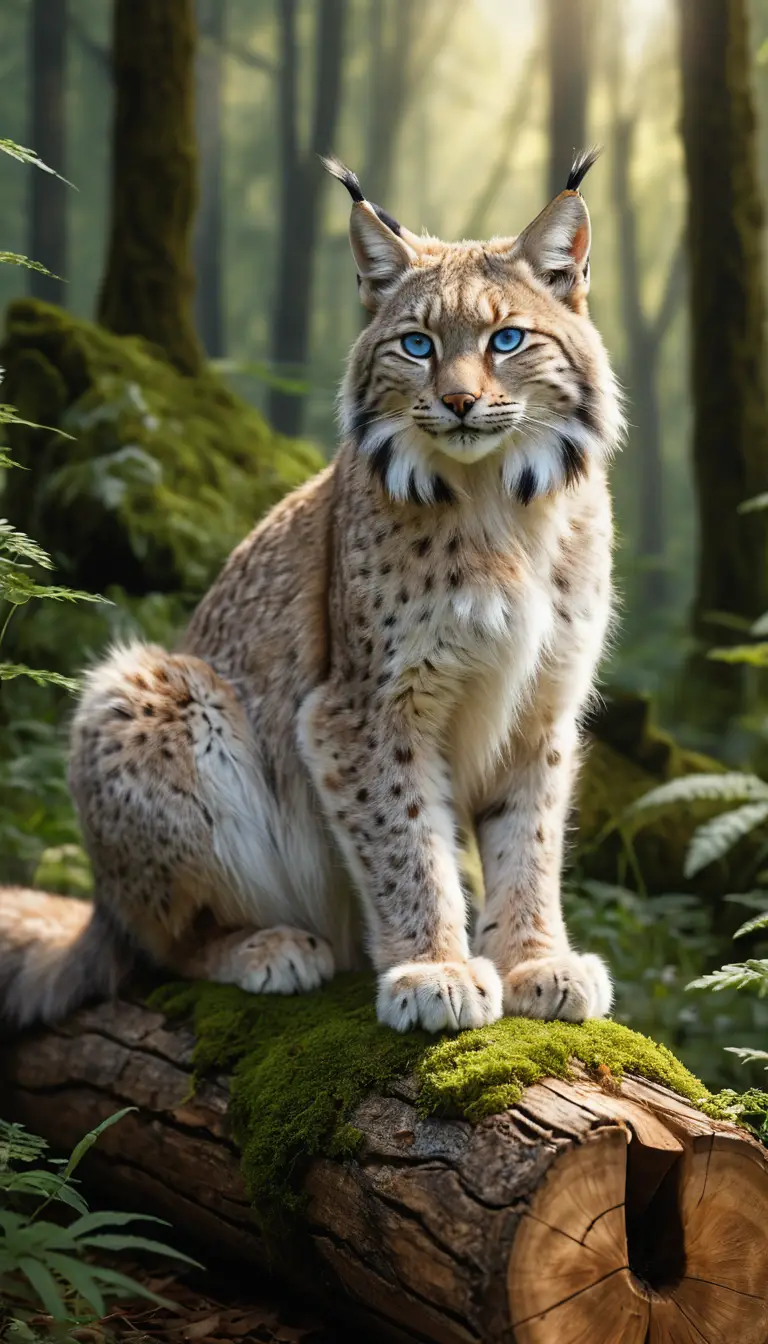 Un lince con manchas blancas descansa junto a un tronco cubierto de musgo en el bosque