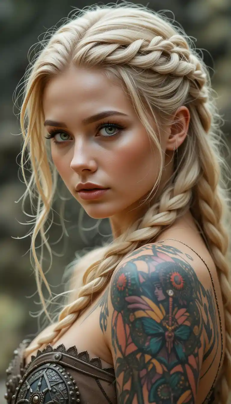 A blonde warrior woman with braided hair, green eyes, and arm tattoos