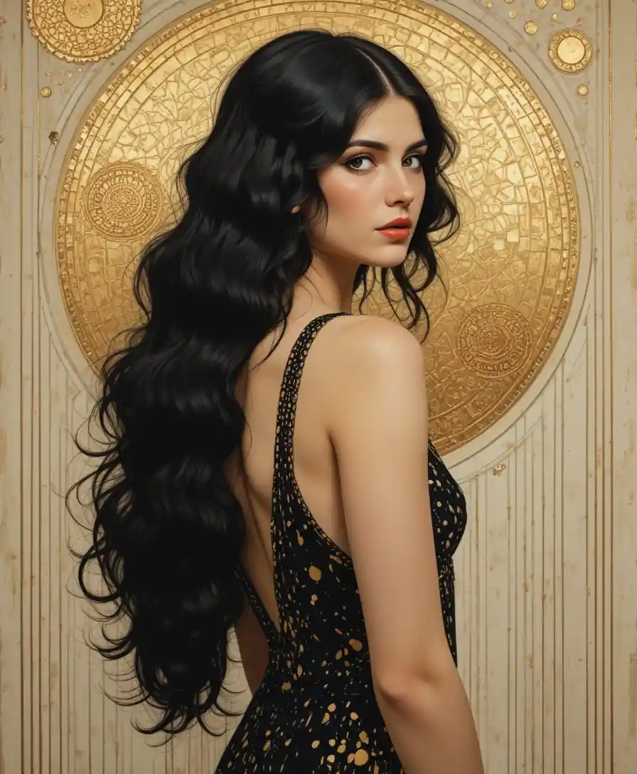 Una mujer elegante de los años  veinte de perfil sobre un fondo Art Nouveau