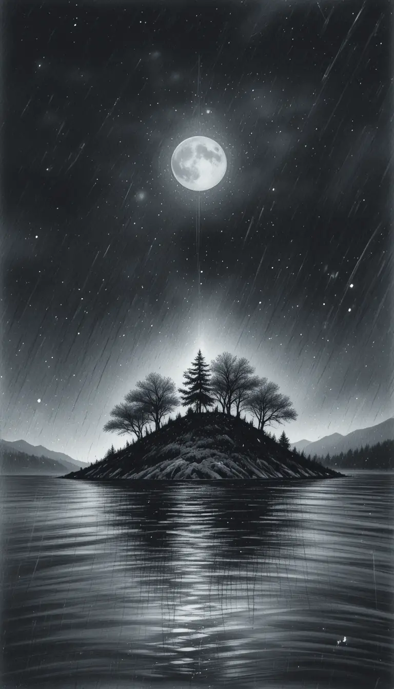 Un'isola ricoperta di alberi e un lago sotto il cielo notturno scuro