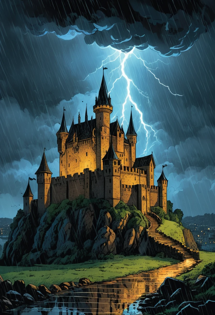 Los relámpagos revelan un castillo medieval en una tormenta nocturna