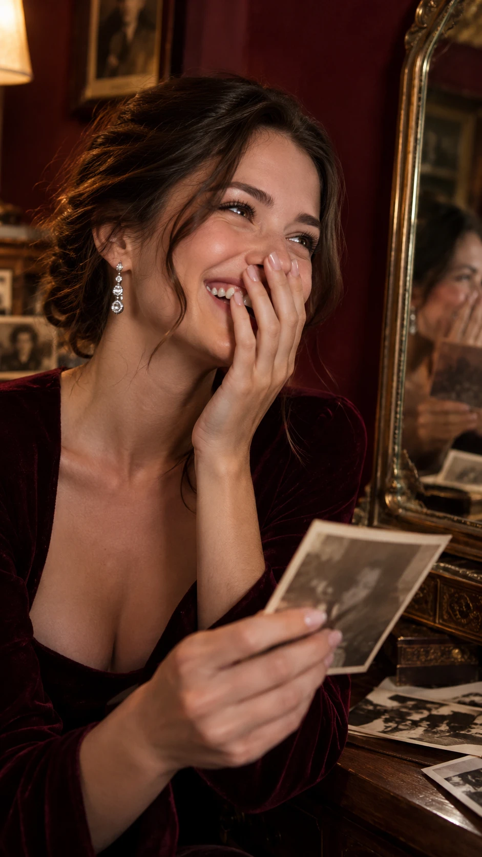 Una mujer elegante ríe mientras sostiene una fotografía antigua en un interior color burdeos
