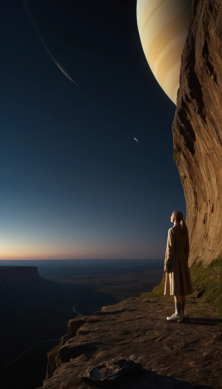 Una mujer esbelta está al borde de un acantilado, mirando hacia Saturno