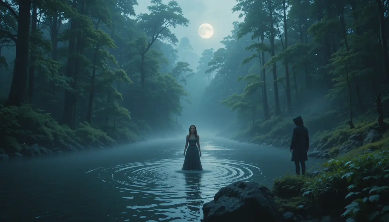 A woman wades through a forest river as a hooded figure watches nearby