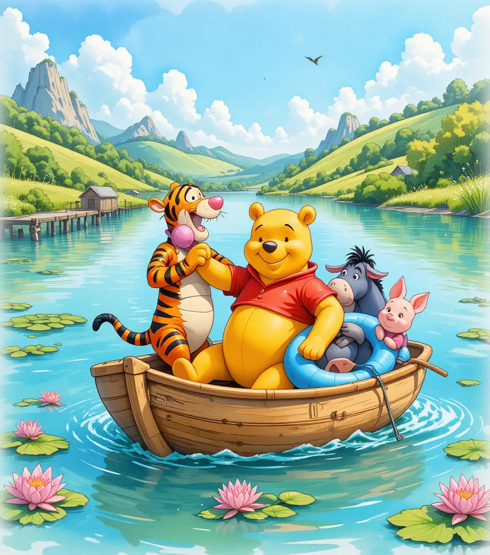 Winnie the Pooh y sus amigos disfrutan de un soleado paseo en barca por aguas turquesas