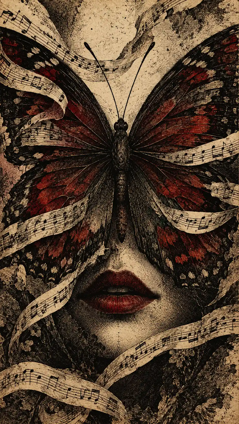 Una mariposa emerge de antiguas partituras en un grabado surrealista