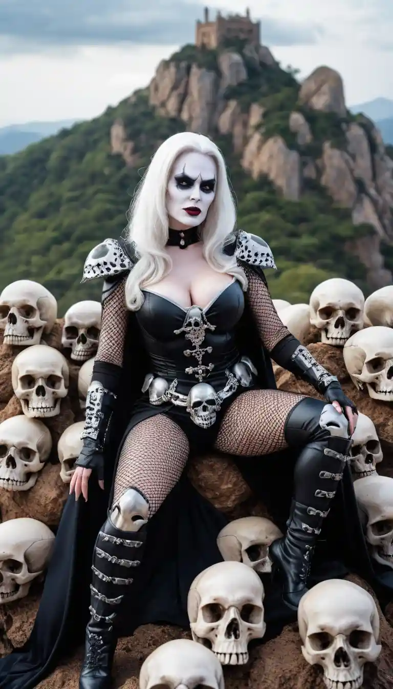 A woman in skull and fishnet armor sits atop a mountain of skulls