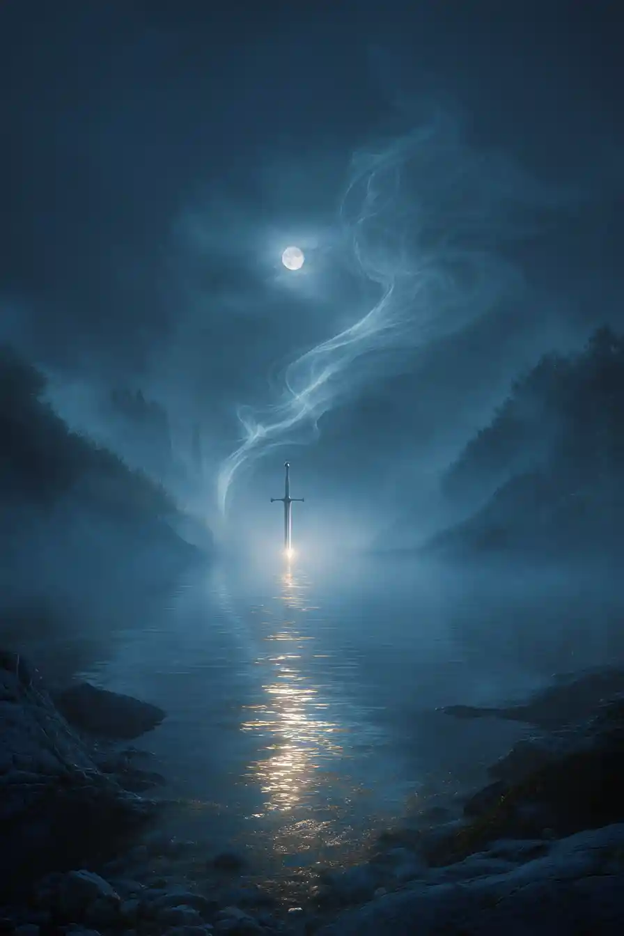 Excalibur floats above a moonlit lake on its return to Avalon