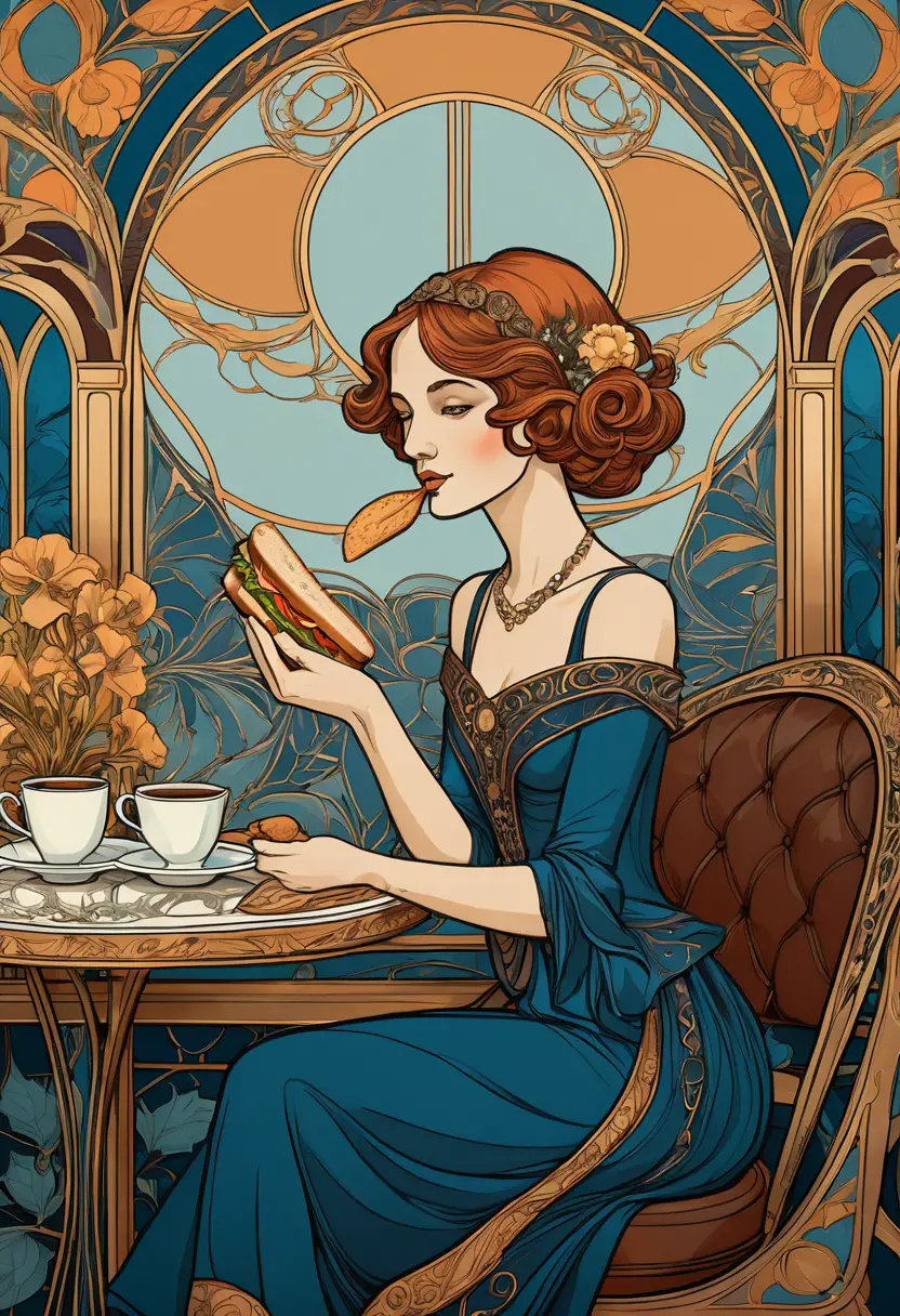Una donna in stile Art Nouveau mangia un panino lungo 30 cm al tavolo di un caffè