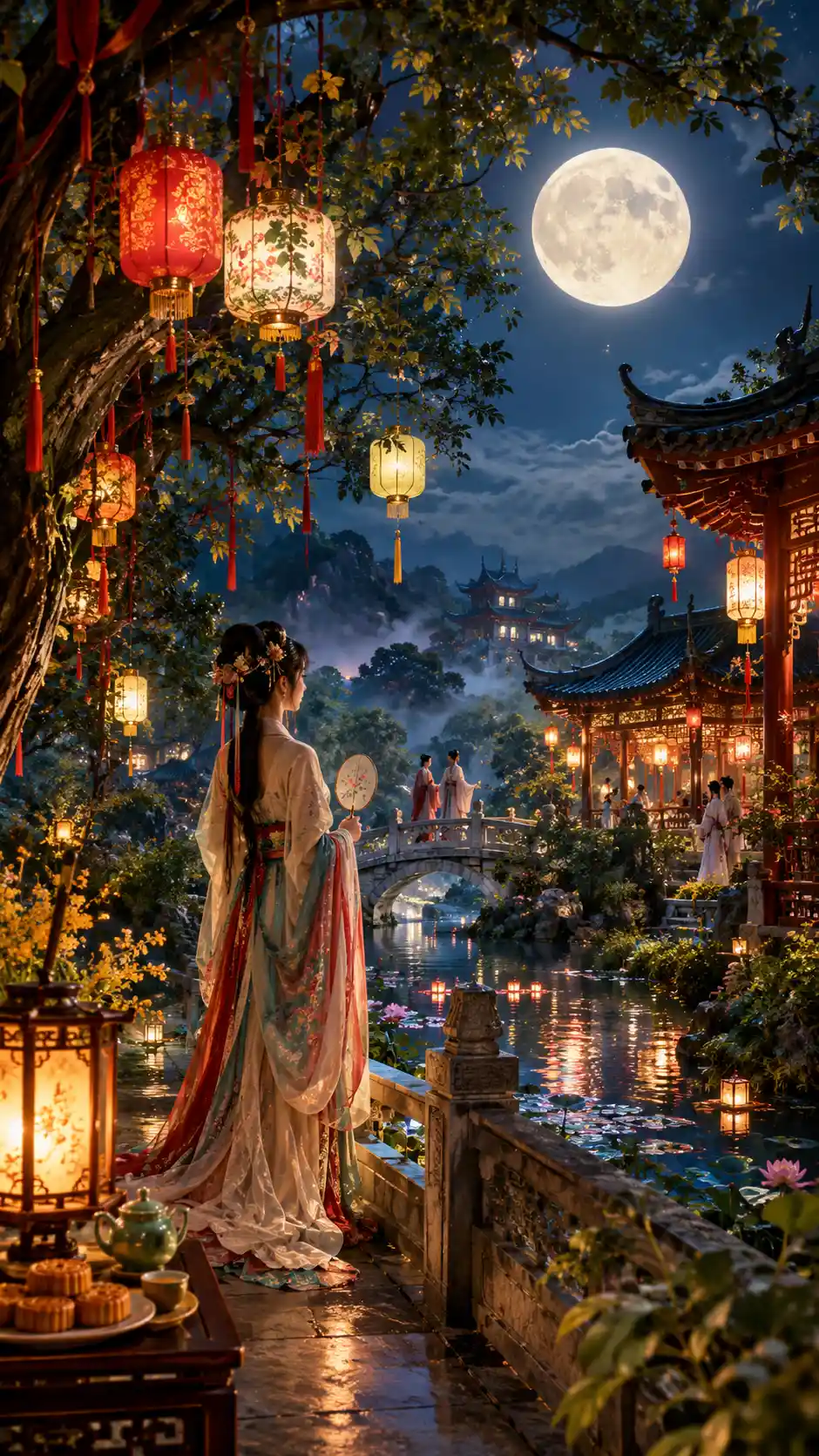 A full moon illuminates a traditional Chinese garden on Mid-Autumn night