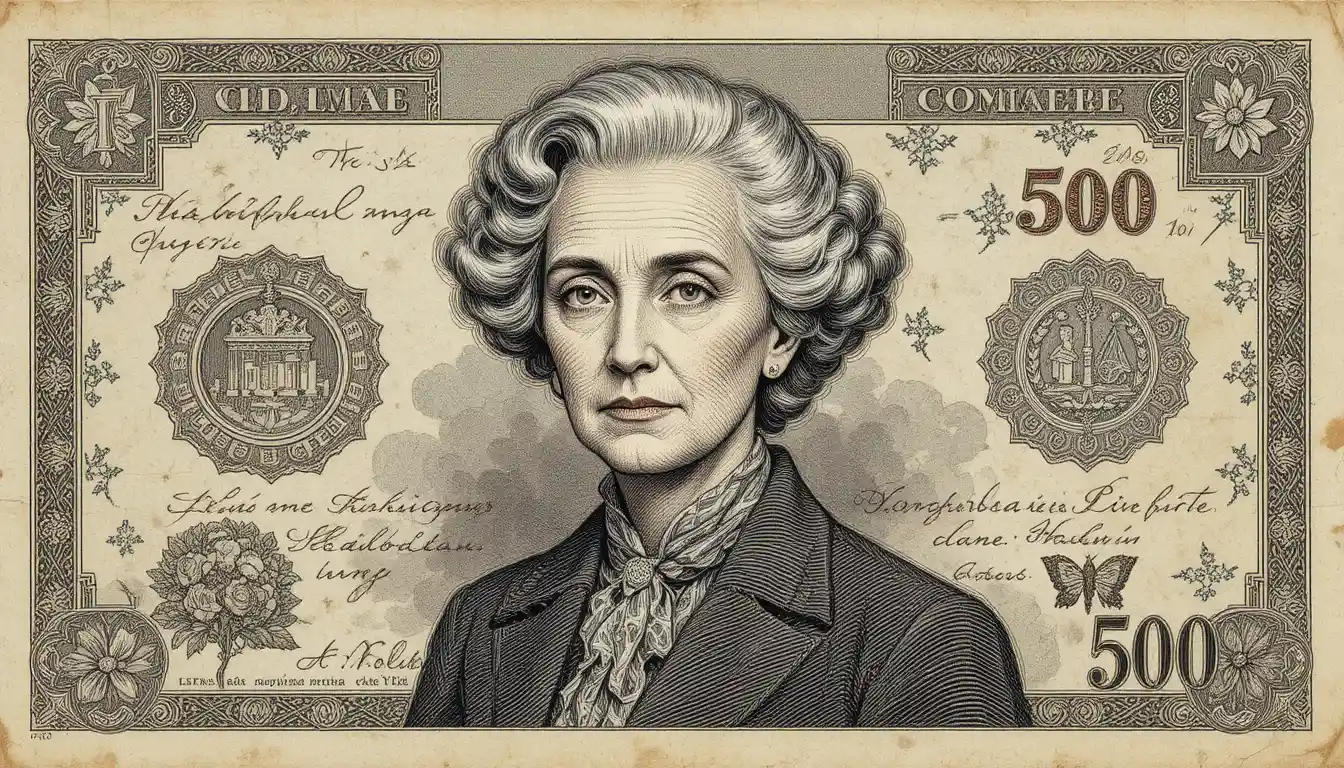 Um retrato vintage de uma mulher mais velha com cabelo grisalho e encaracolado numa nota bancária