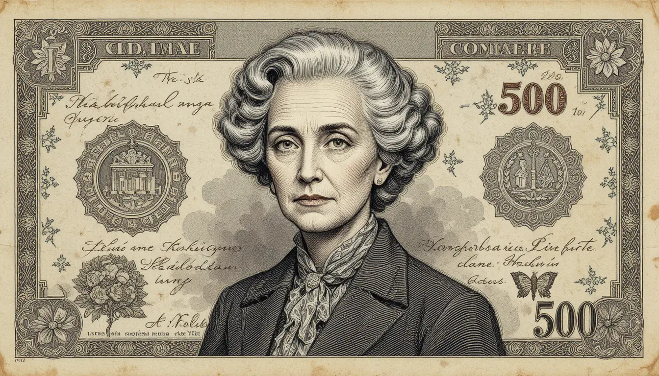 Un retrato vintage de una mujer mayor con el pelo canoso y rizado en un billete
