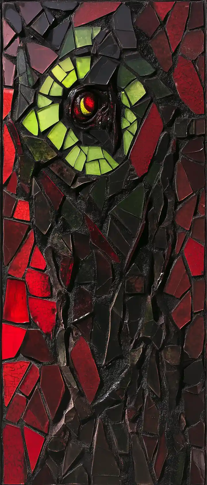 Un inquietante mosaico di piastrelle in frantumi in cremisi, nero e verde lime