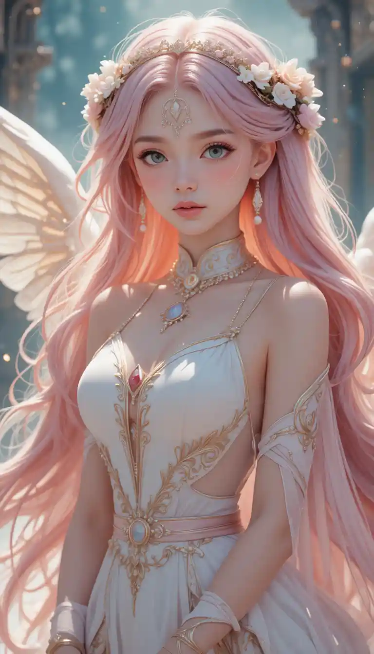 A young anime healer with rose hair and small angel wings