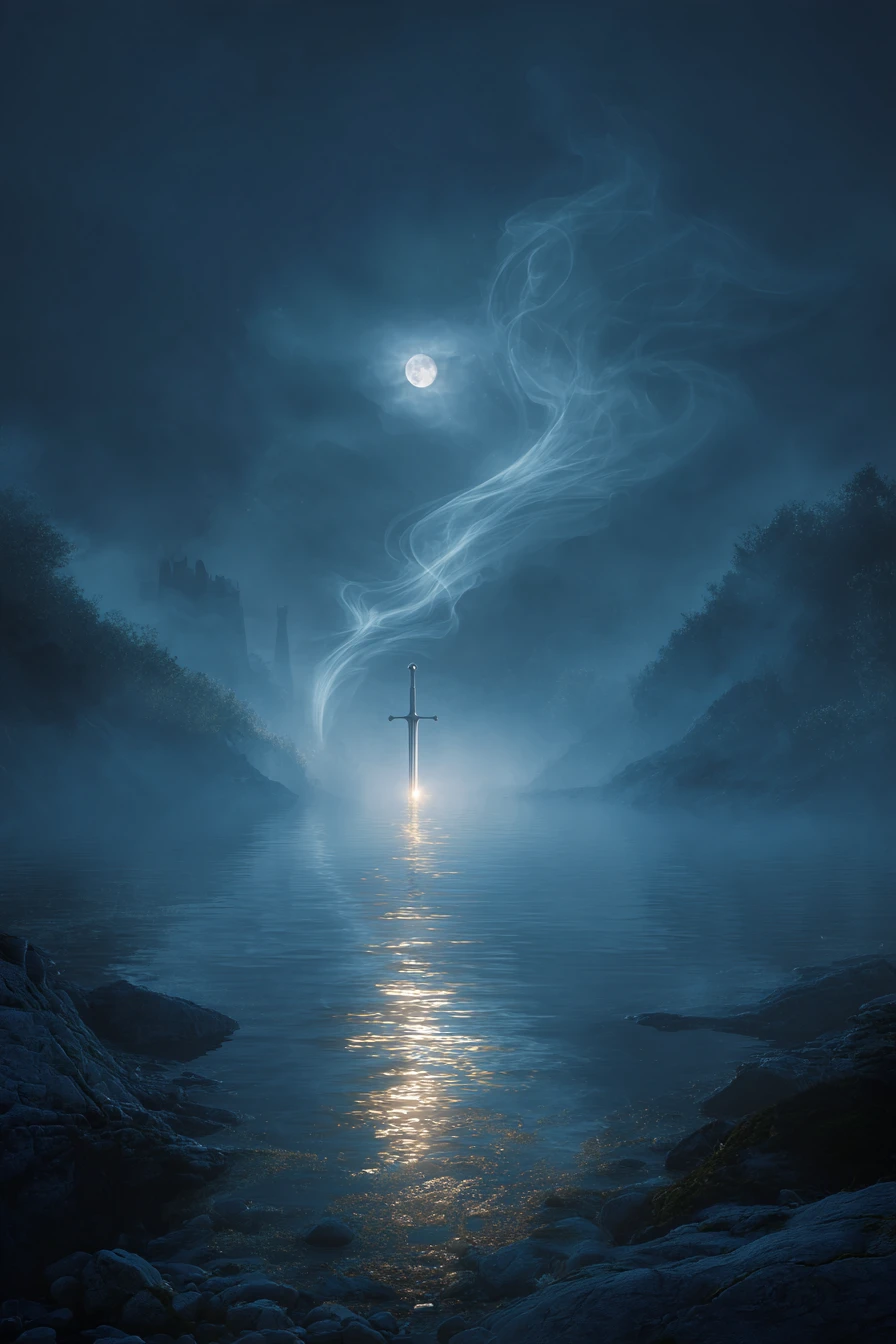 Excalibur floats above a moonlit lake on its return to Avalon