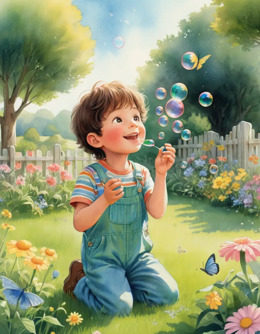 A little boy blows rainbow bubbles in a sunny garden
