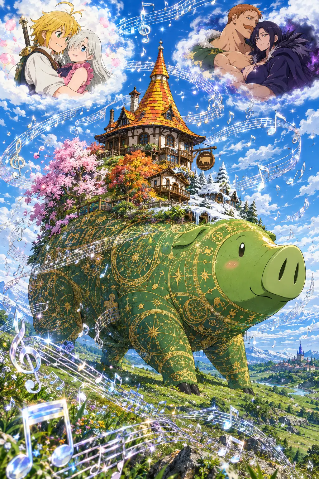Um colossal porco verde carrega uma taverna extravagante por colinas ondulantes