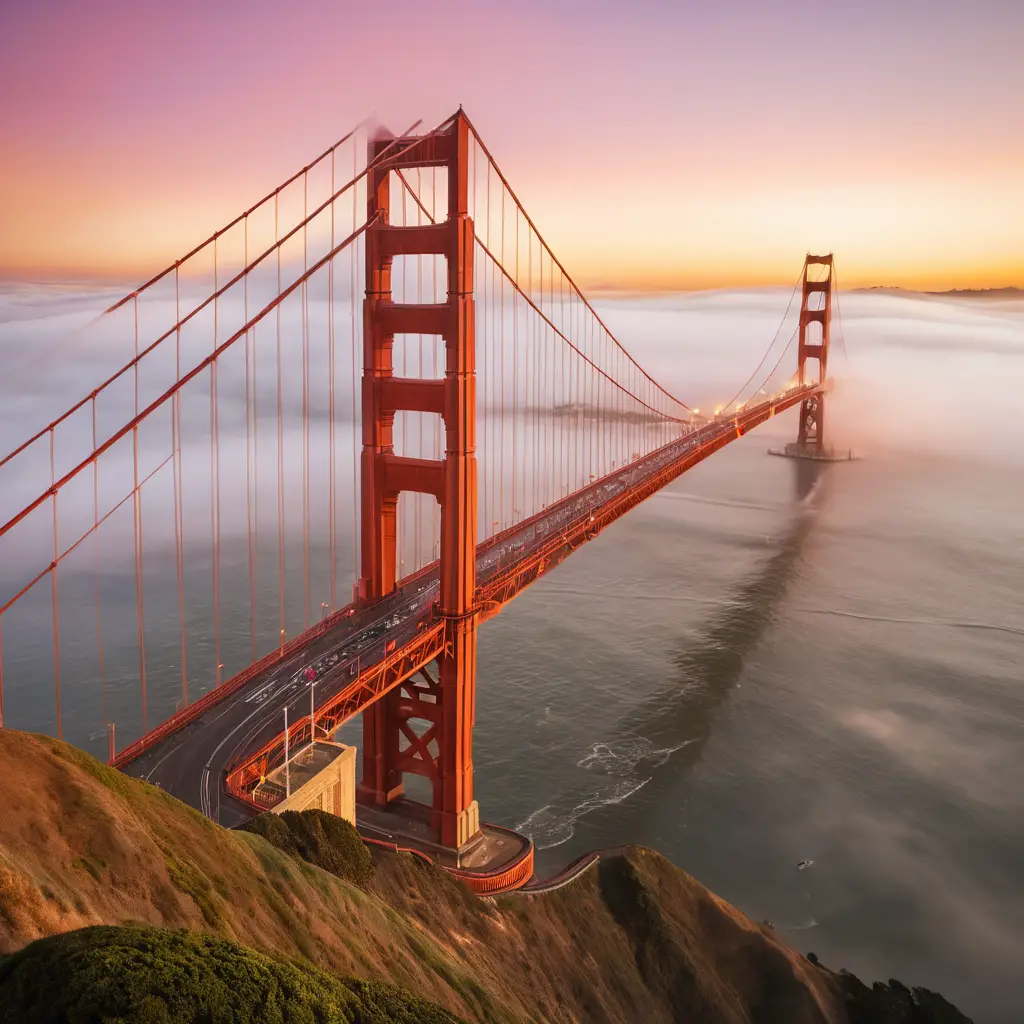Die Türme der Golden Gate Bridge ragen im Morgennebel über ruhigem Wasser empor