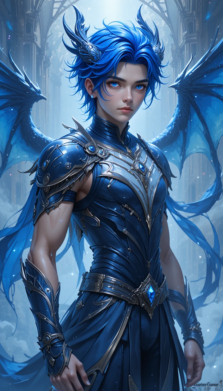 A Young Anime Man With Blue Dragon Wings, Horns, And Tail