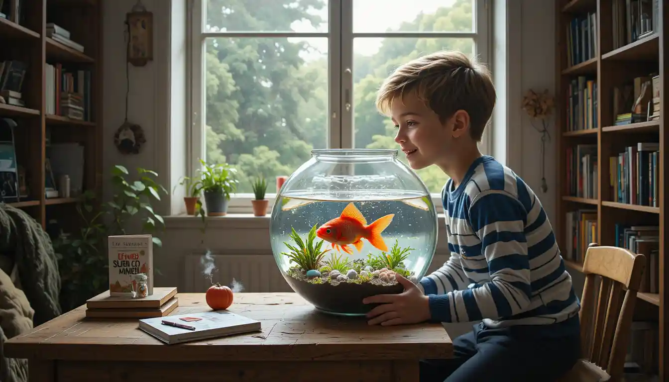 A young boy smiles at a goldfish in a glass bowl