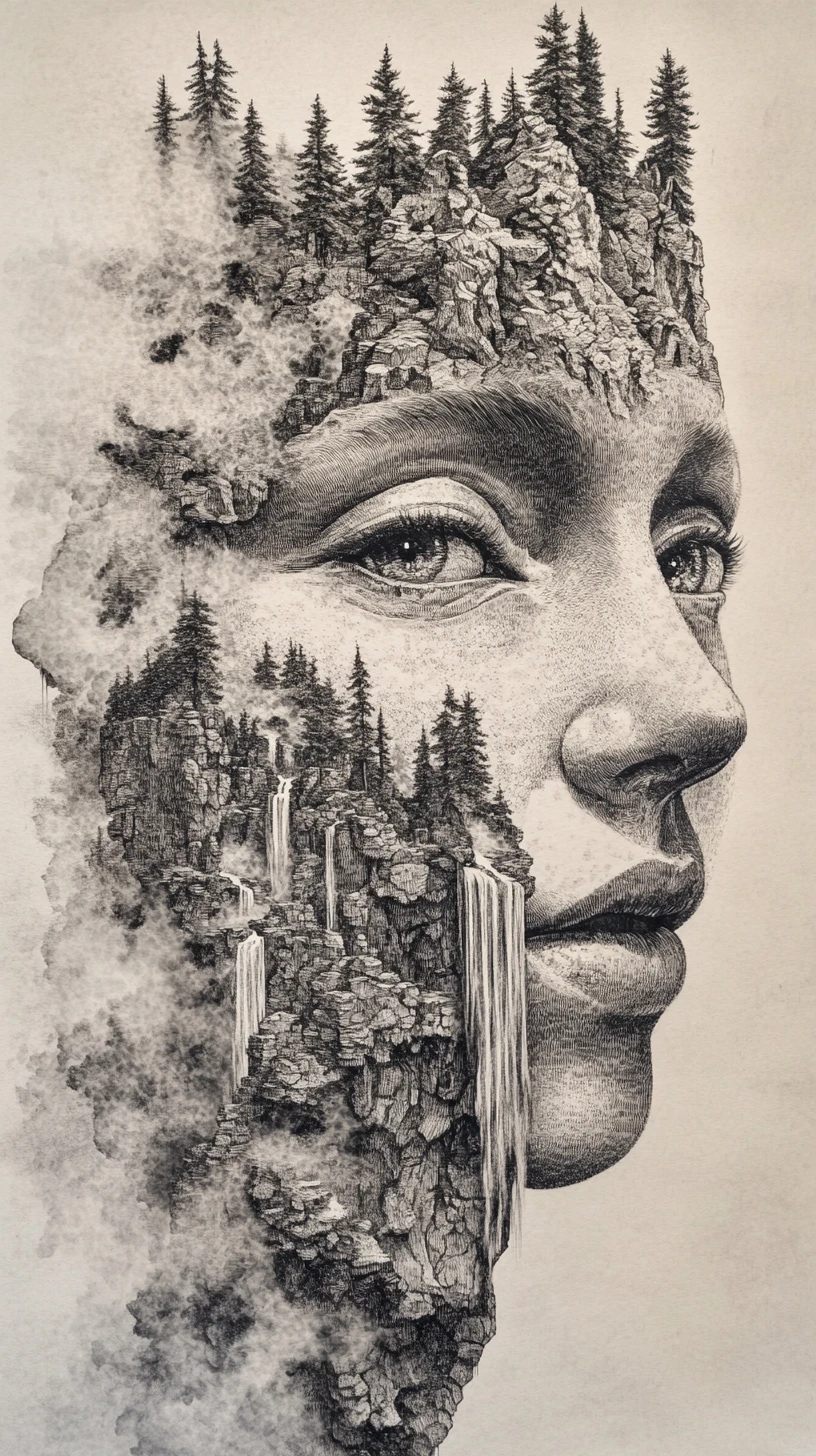 A hidden face emerges from mountain ridges, waterfalls, and forests