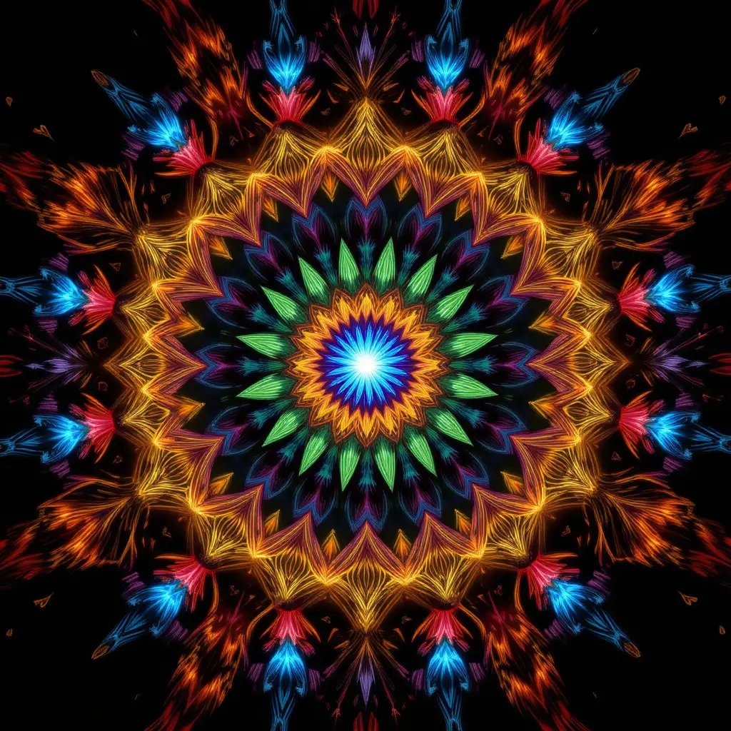 Un vibrante mandala irradia colores geométricos sobre un fondo negro profundo