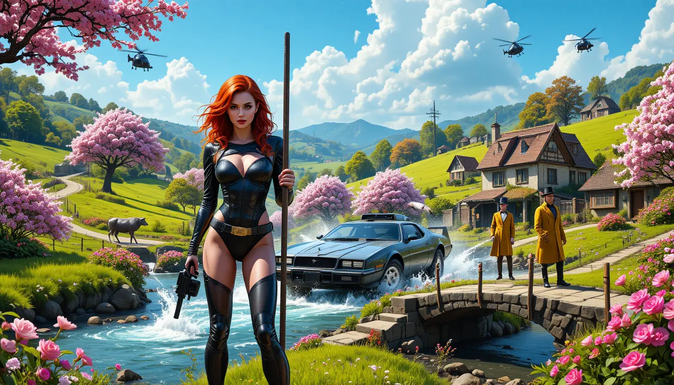 A Fiery Haired Woman Stands Beside a Tactical Man in Green Hills