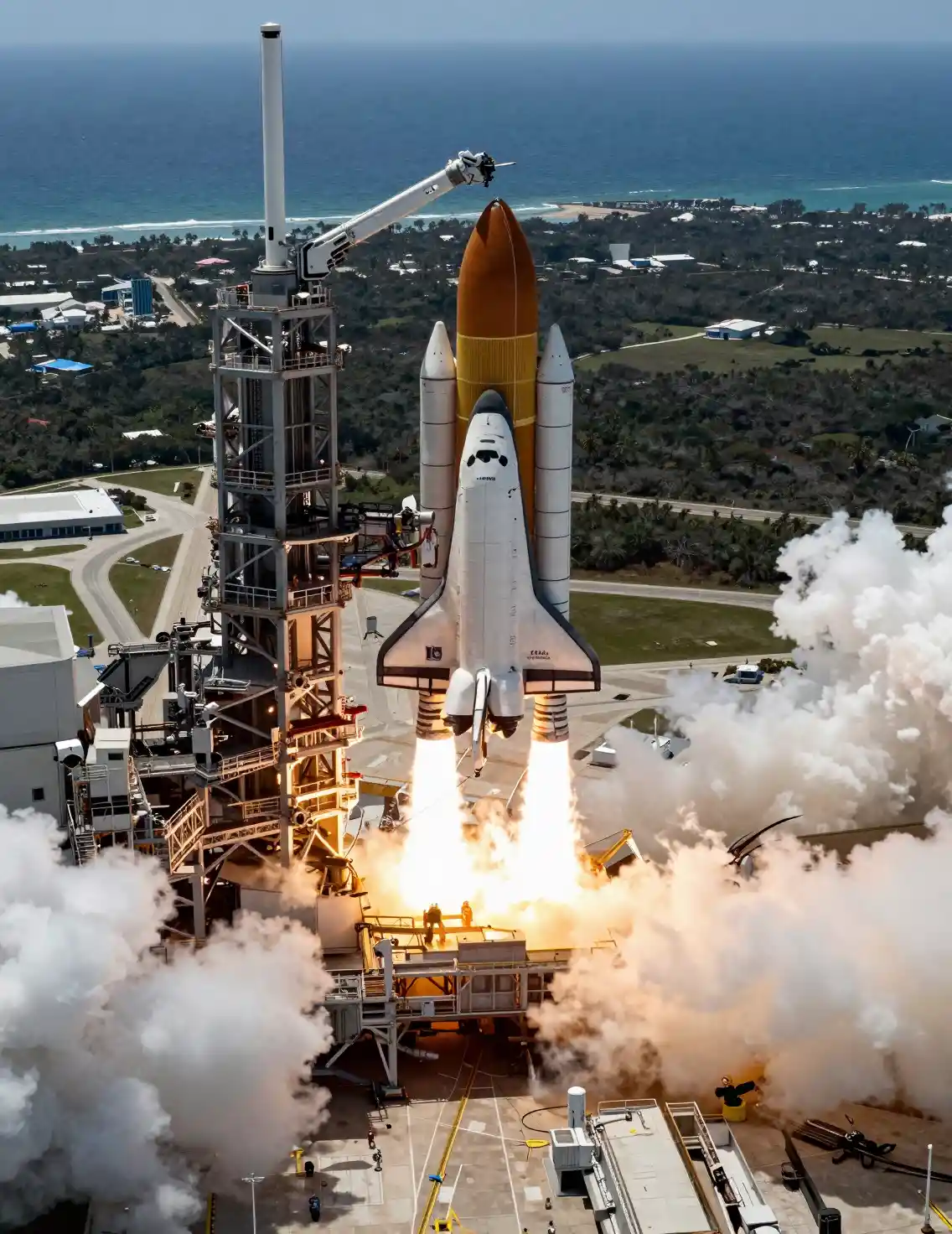 Un transbordador espacial se eleva sobre Cabo Cañaveral entre una imponente columna de humo
