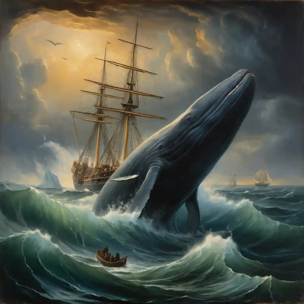 A sperm whale surges above the waves beside a whaleboat