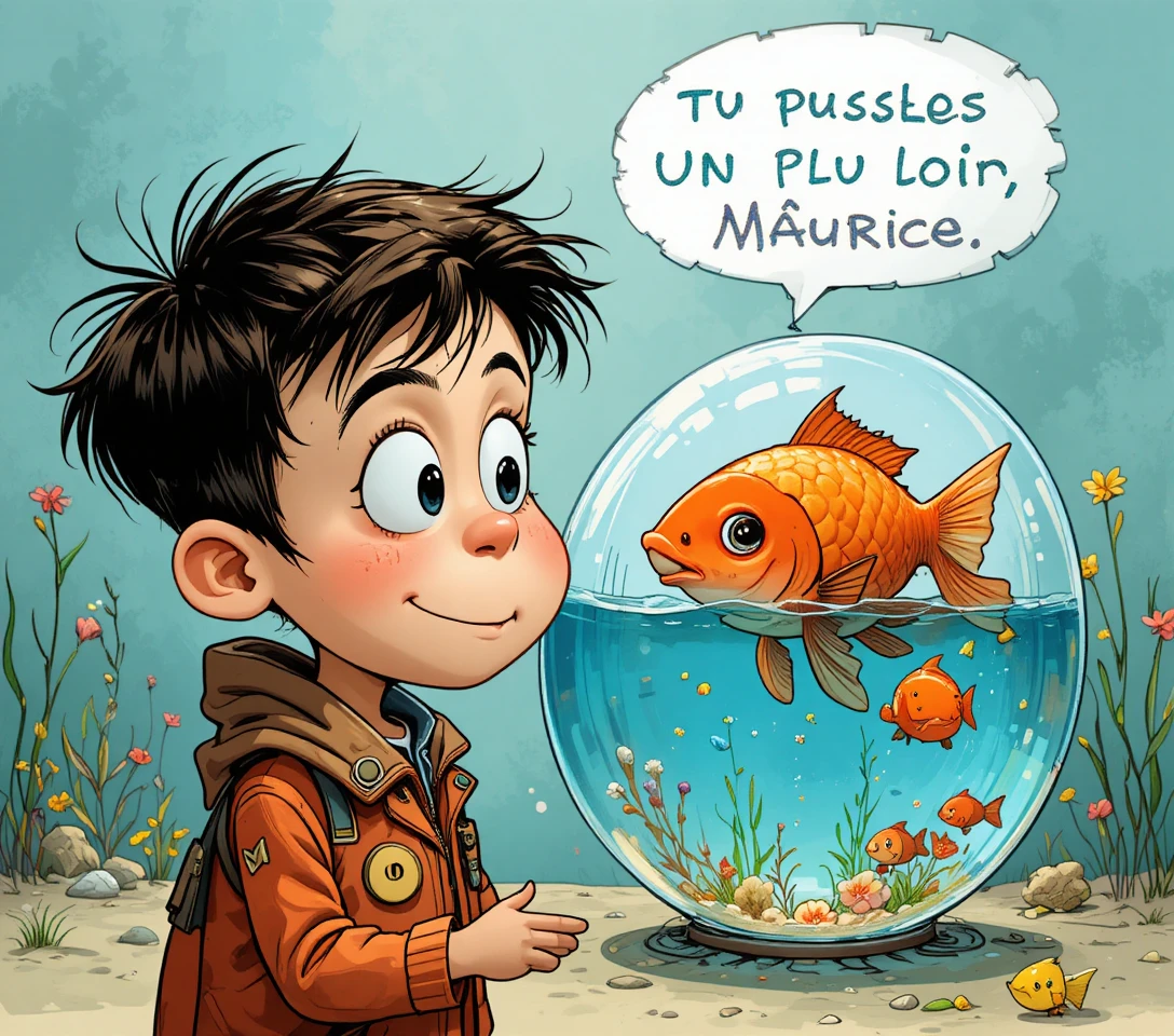 Un bambino osserva un pesce rosso nuotare nella sua boccia