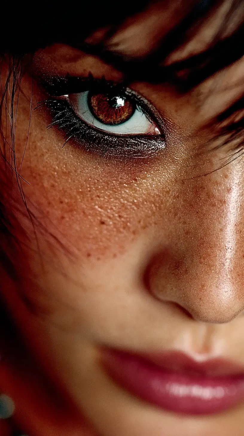 Extreme close up portrait with amber eyes emerging from darkness