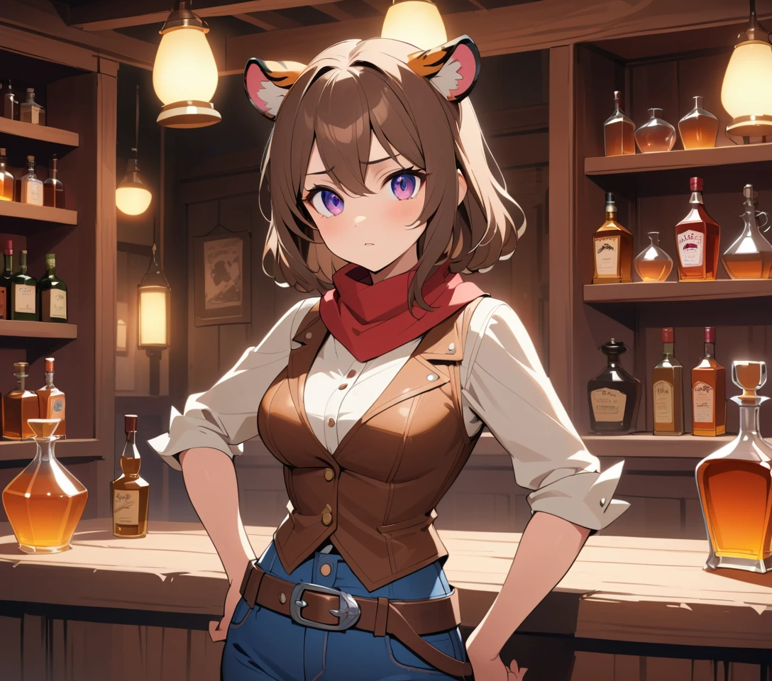 Anime cowgirl with tiger ears stands inside a rustic western saloon
