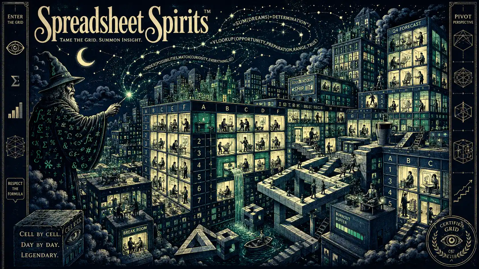 Spreadsheet cells become glowing windows across a surreal nighttime city