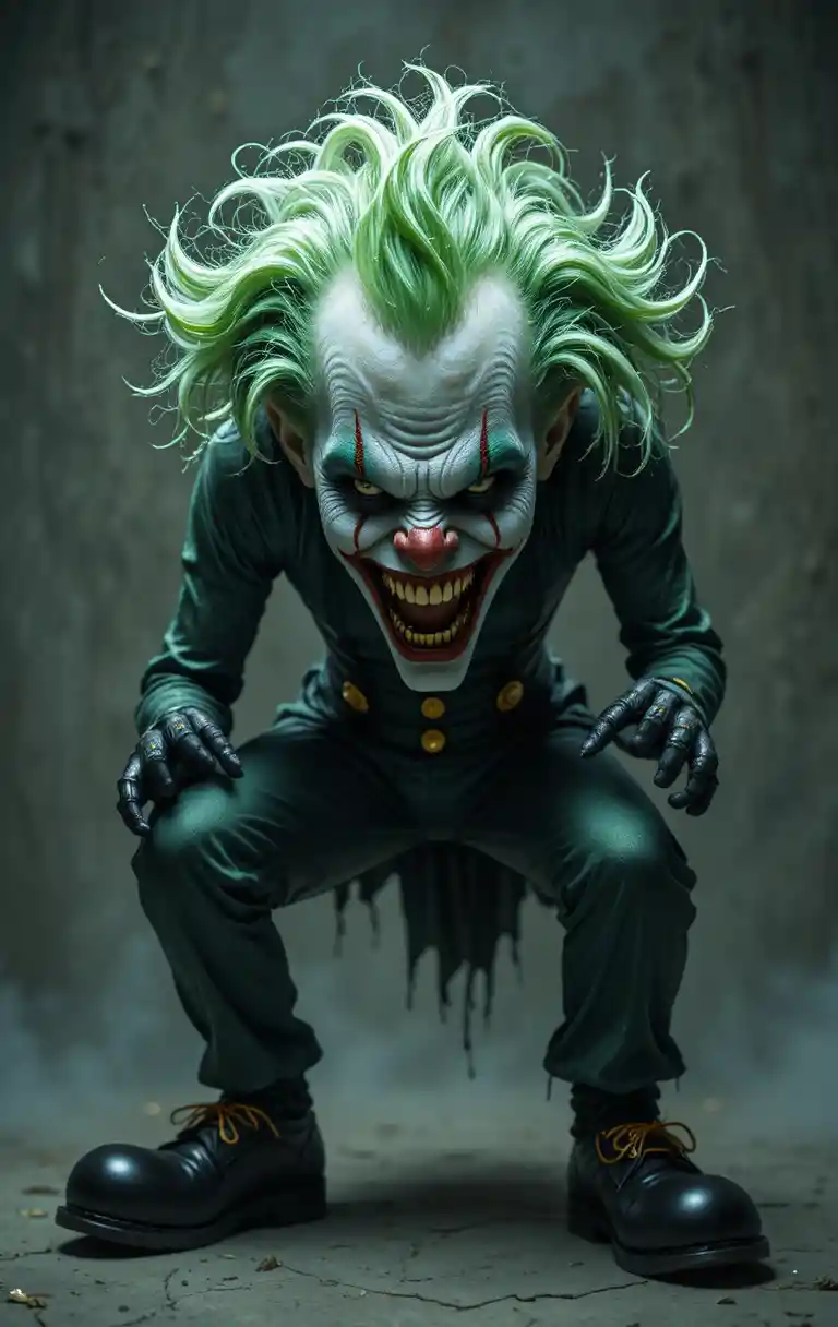 A menacing clown with green streaks in white hair and oversized shoes