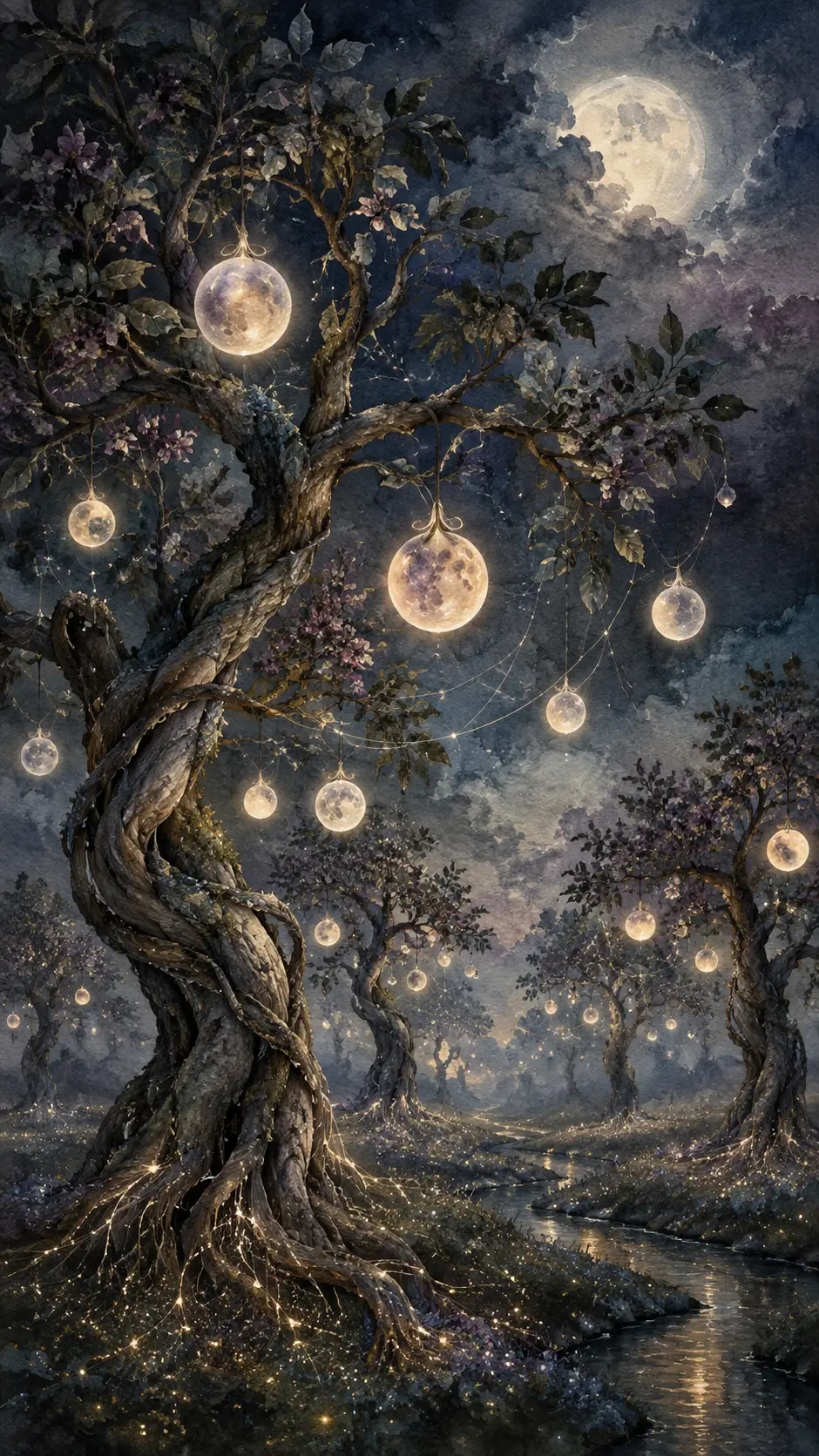 Um pomar ancestral surreal, com frutos celestiais brilhantes entre árvores retorcidas