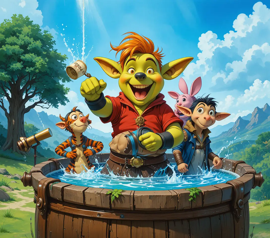 Pooh and friends embark on a forest expedition under blue skies