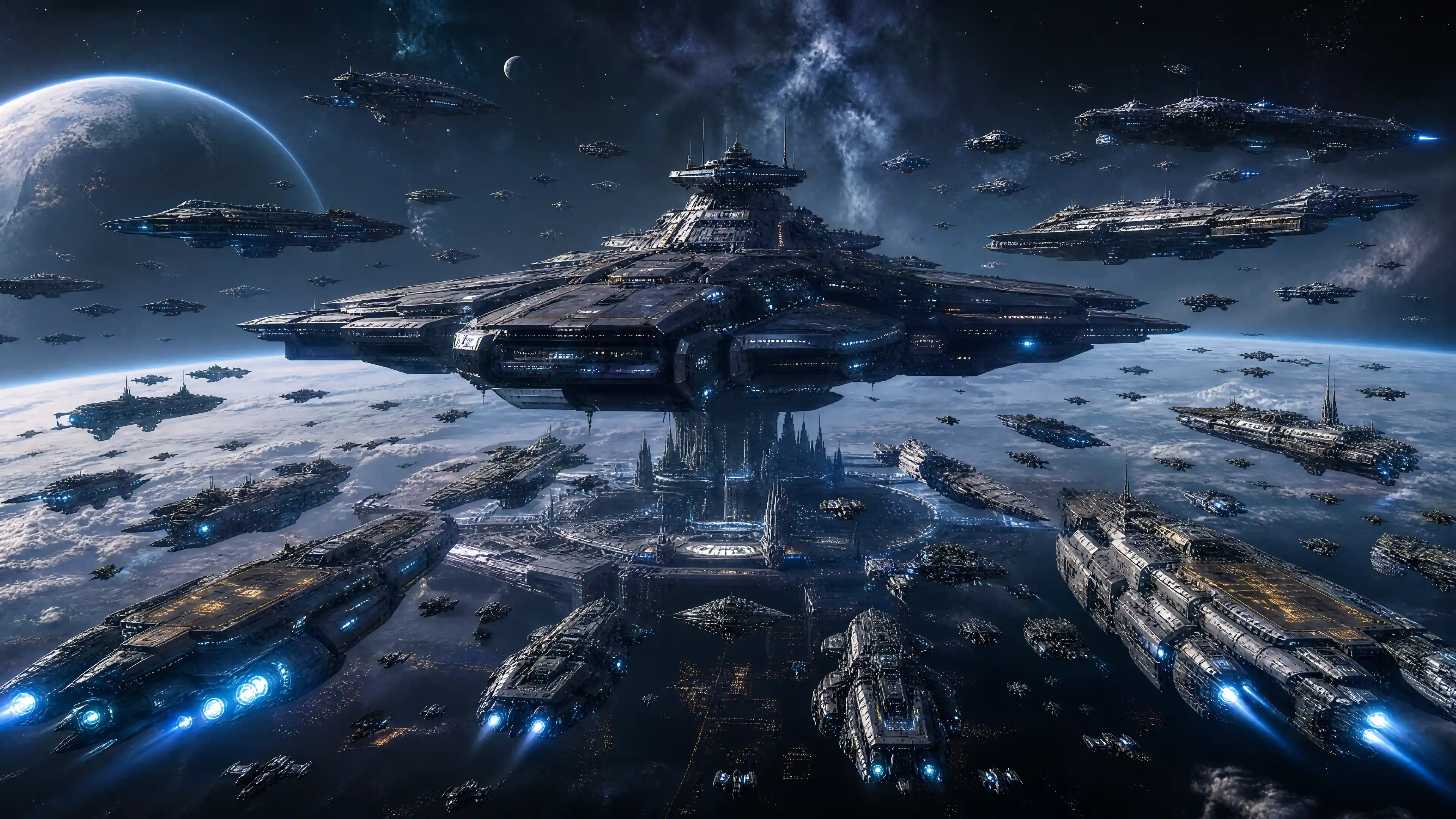 Una vasta armada de naves de guerra futuristas rodea una majestuosa nave de mando