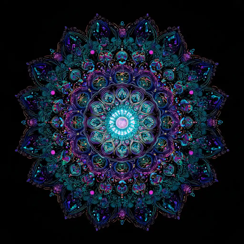 Un mandala radiante de geometría psicodélica sobre un fondo negro intenso