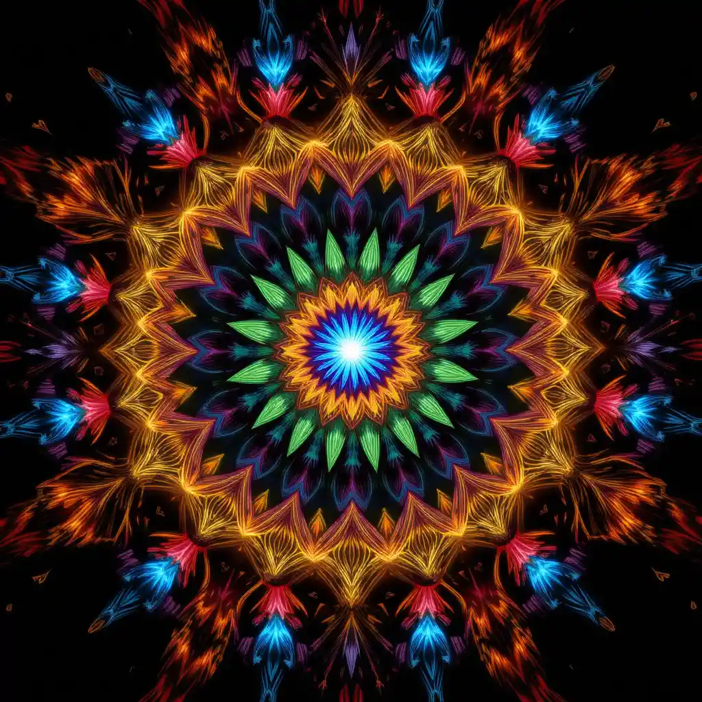 Un vibrante mandala irradia colores geométricos sobre un fondo negro profundo