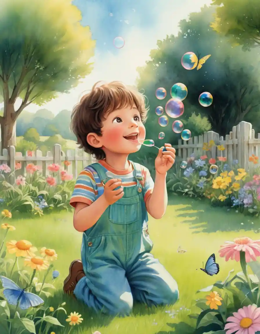 Un niño pequeño sopla burbujas arcoíris en un jardín soleado
