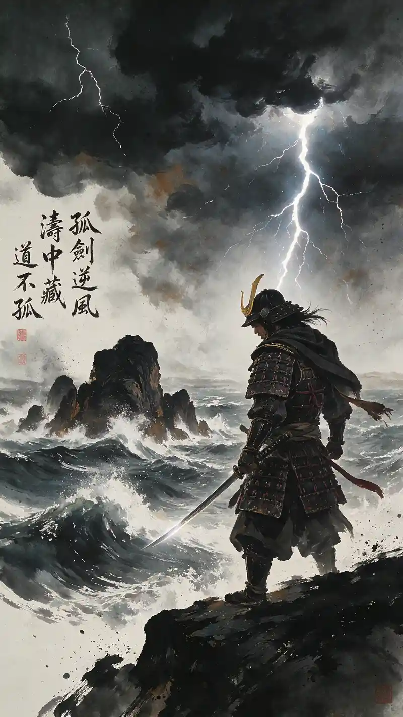 A lone samurai faces a stormy sea from a rugged cliff