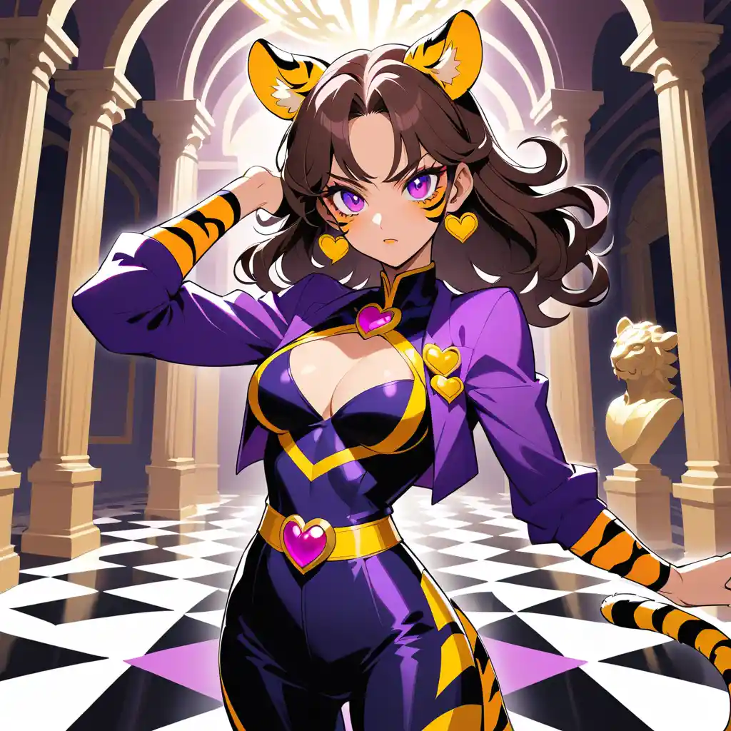 Una mujer tigre de anime posa como en una pasarela en una villa espectacular