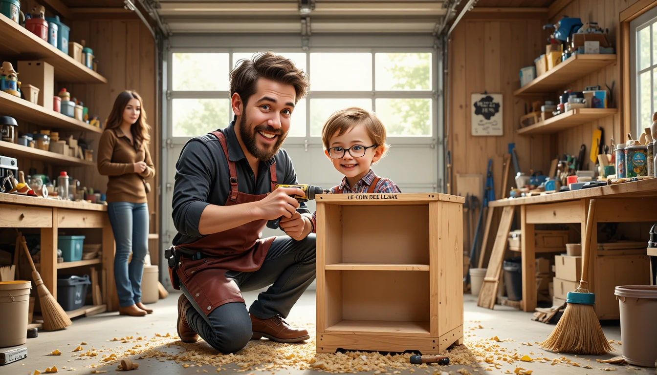 Padre e figlio costruiscono una mensola di legno nell'officina del garage