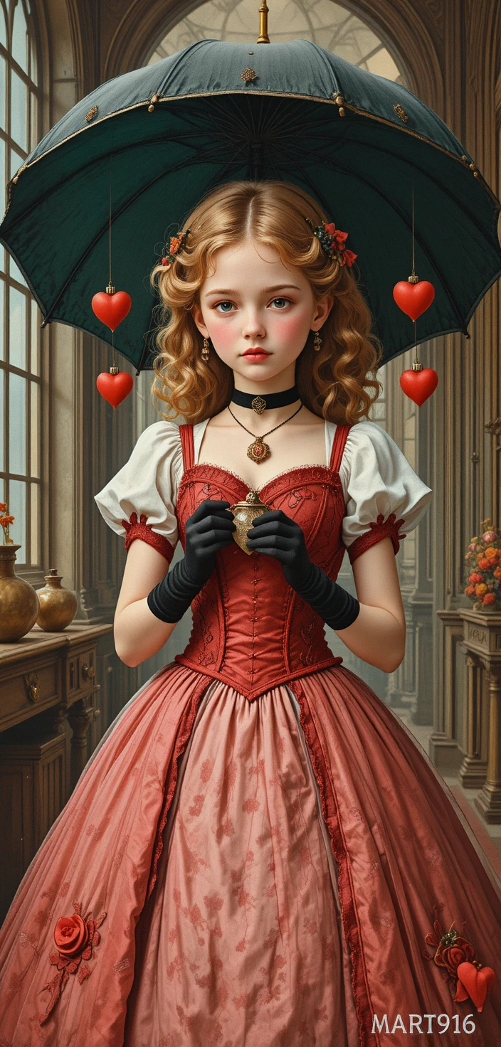 Una joven victoriana sostiene un medallón con forma de corazón bajo un paraguas lleno de dijes